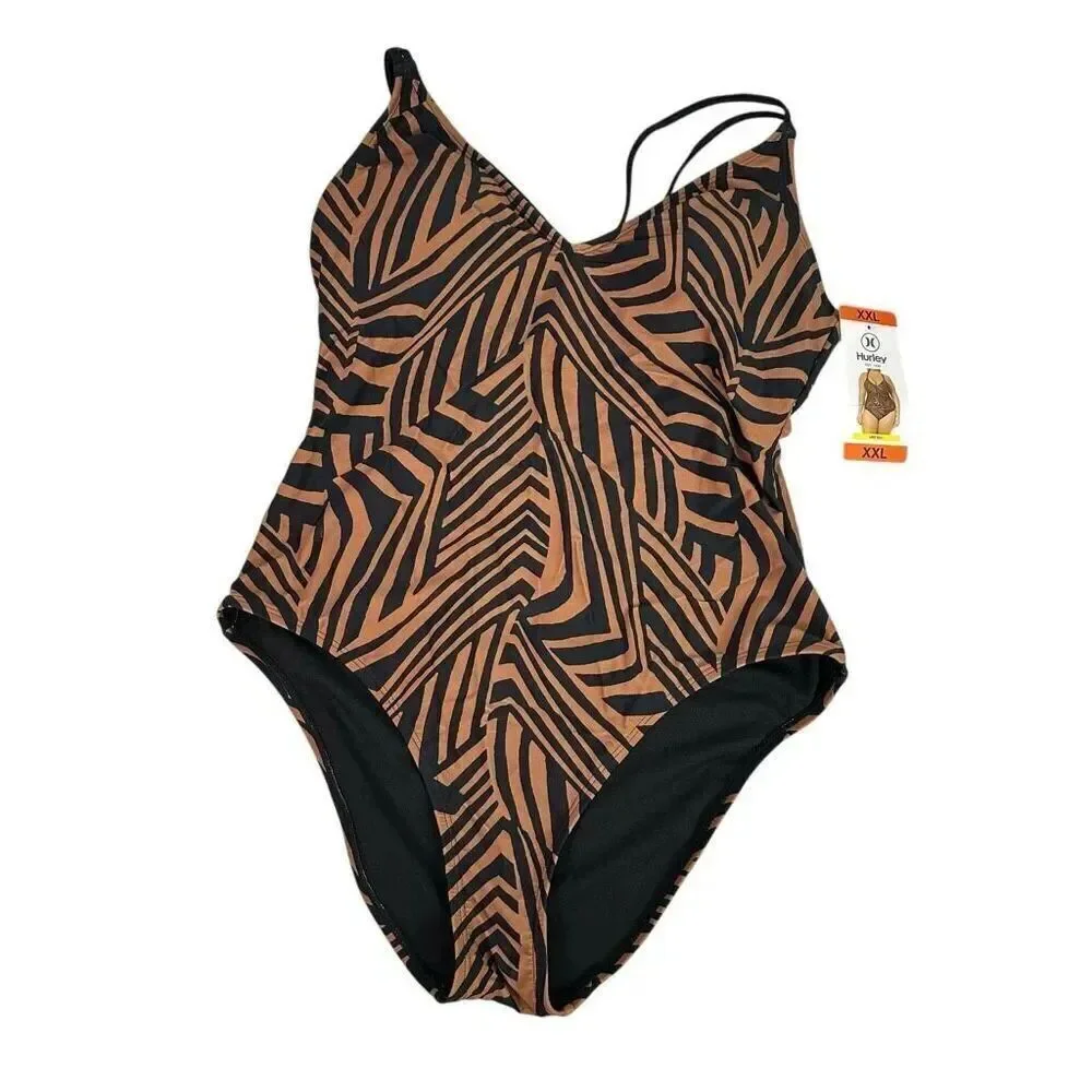 Hurley Women’s Animal Print One Piece size XXL Swim Suit Black Brown